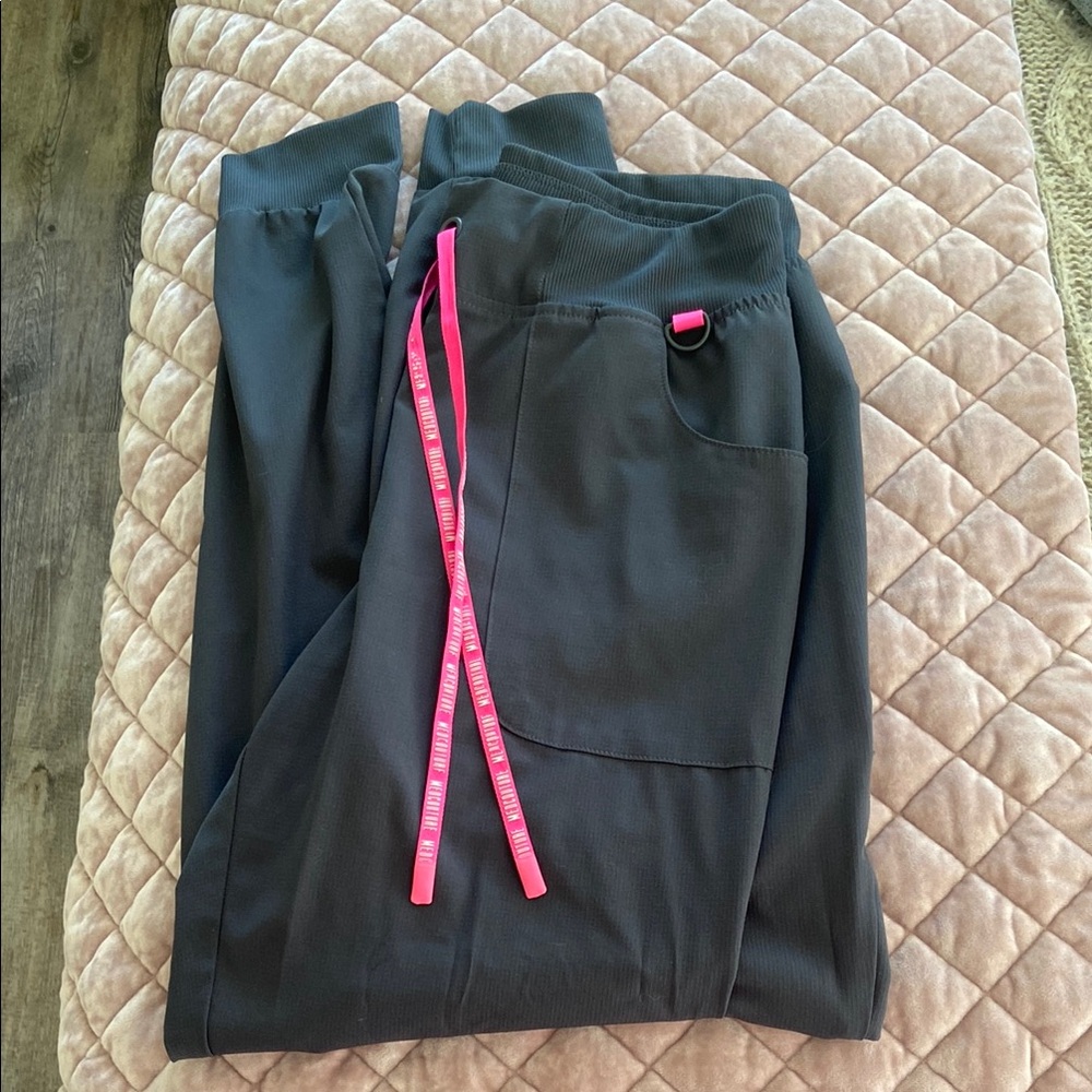 Gray Jogger scrubs with Pink Drawstring
